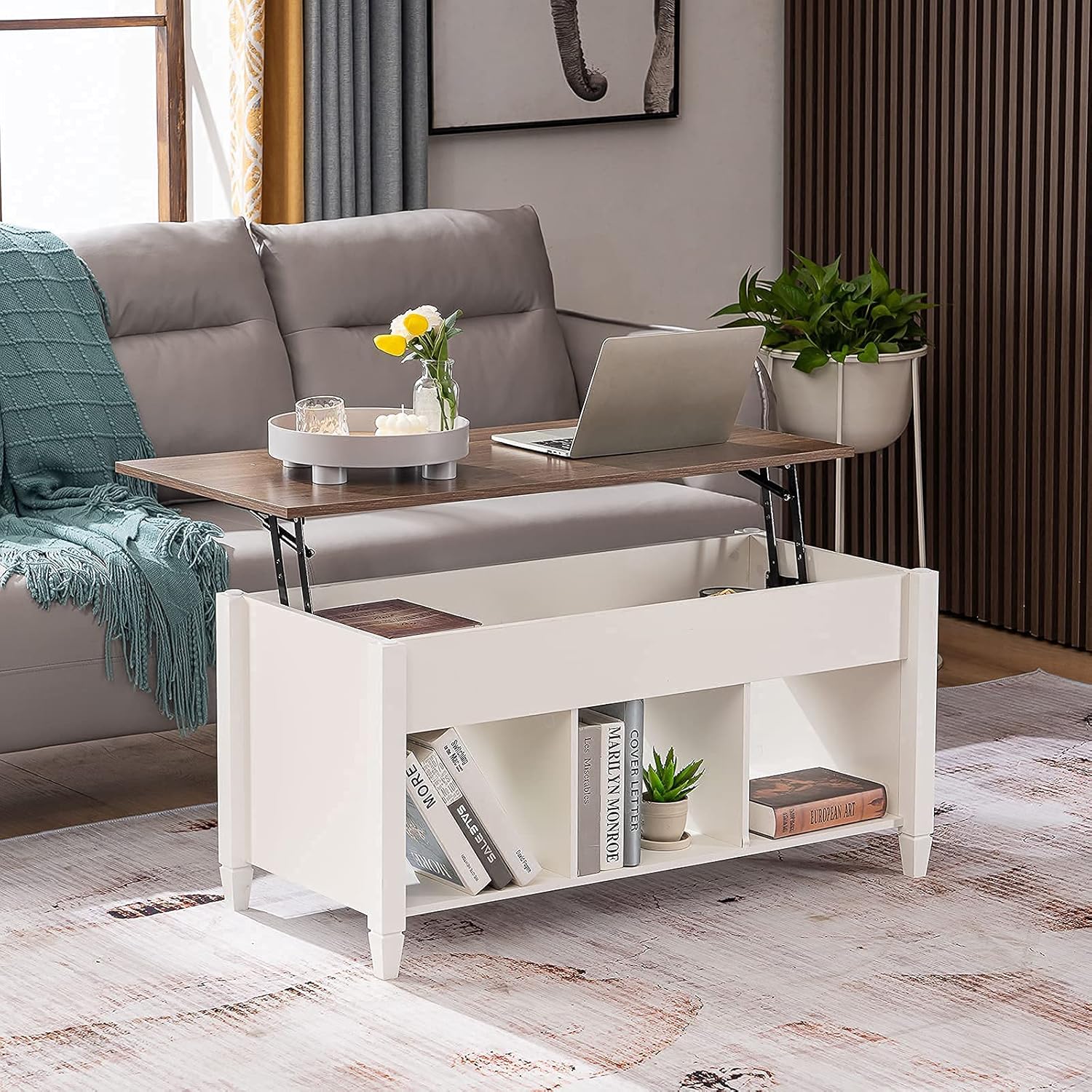 VINGLI Lift Top Coffee Table, White, with Storage Shelf/Hidden Compartment, Gas Lift Mesa De Centro para Sala Pop Up Coffee Table - Grand Goldman