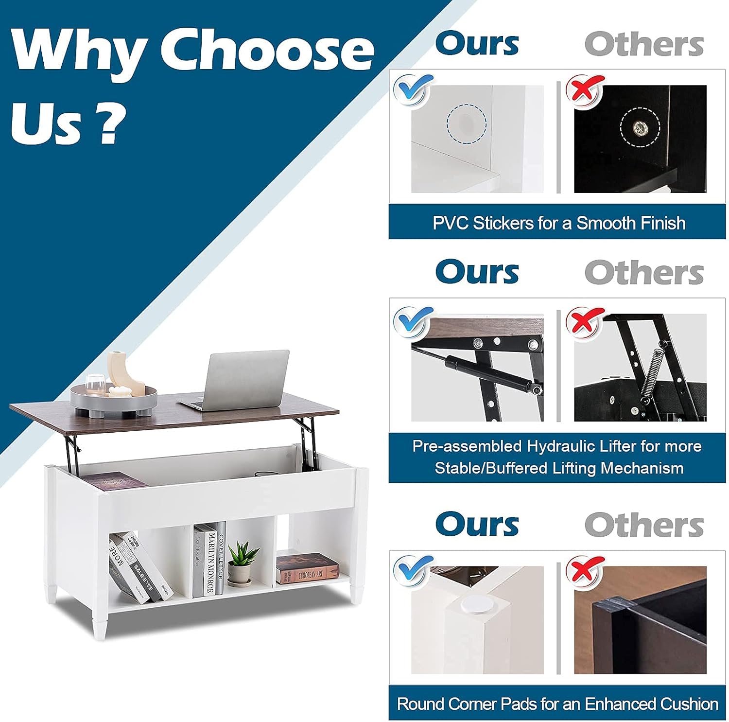 VINGLI Lift Top Coffee Table, White, with Storage Shelf/Hidden Compartment, Gas Lift Mesa De Centro para Sala Pop Up Coffee Table - Grand Goldman