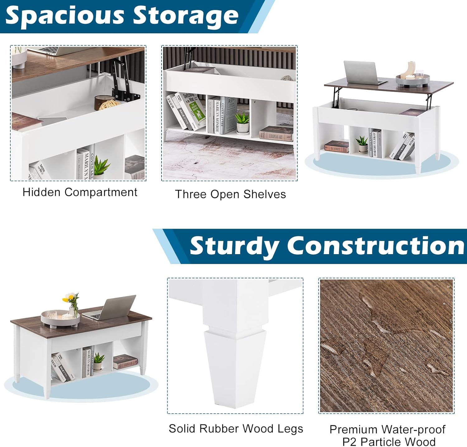 VINGLI Lift Top Coffee Table, White, with Storage Shelf/Hidden Compartment, Gas Lift Mesa De Centro para Sala Pop Up Coffee Table - Grand Goldman