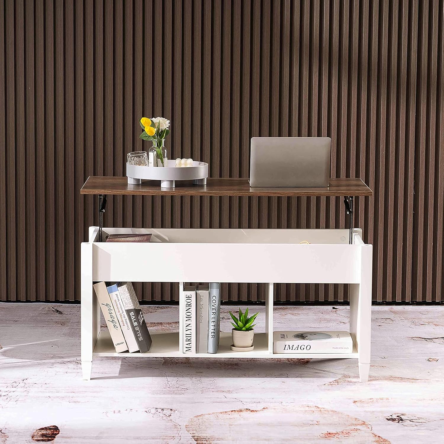 VINGLI Lift Top Coffee Table, White, with Storage Shelf/Hidden Compartment, Gas Lift Mesa De Centro para Sala Pop Up Coffee Table - Grand Goldman