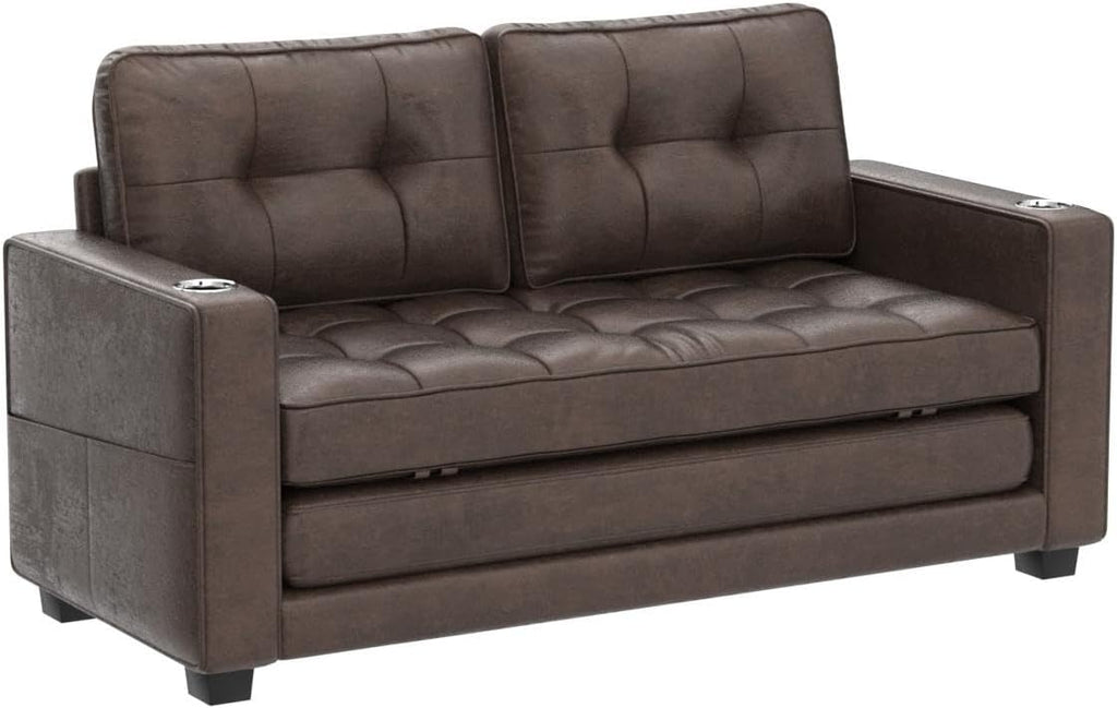 VINGLI Upgraded 64" W 84" L Full Size Futon Sofa Bed, 6" Thick Upholstery Rustic Microfiber Loveseat Sofa Sleeper Pull Out Couch,Convertible Floor Couch for Living Room, Bedroom, Entertainment Room - Grand Goldman