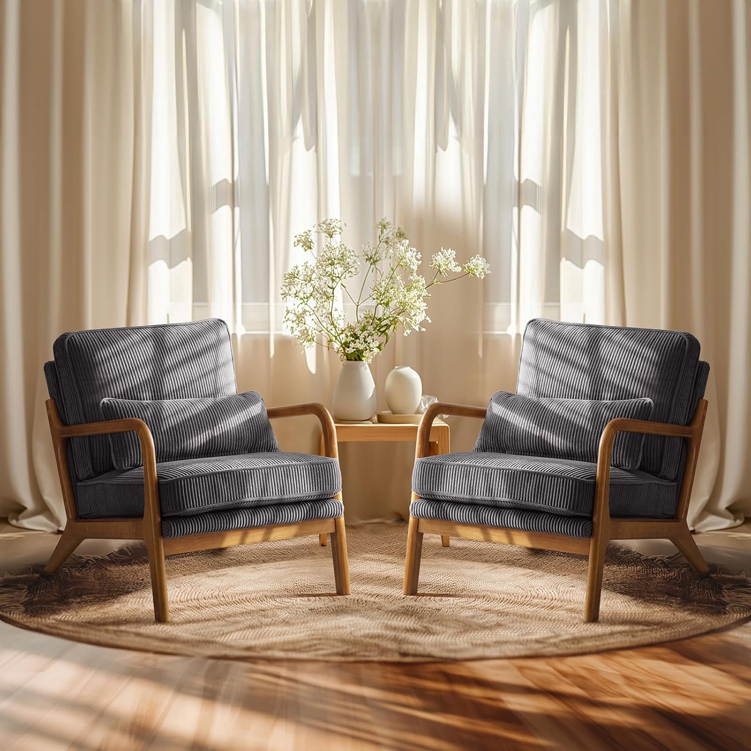 VINGLI Upgraded Premium Corduroy Accent Chairs Set of 2,Upholstered Arm Chair,Solid Wood Comfy Reading Chair with Lumbar Pillow, Mid Century Modern Chairs for Living Room,Bedroom,Brown - Grand Goldman