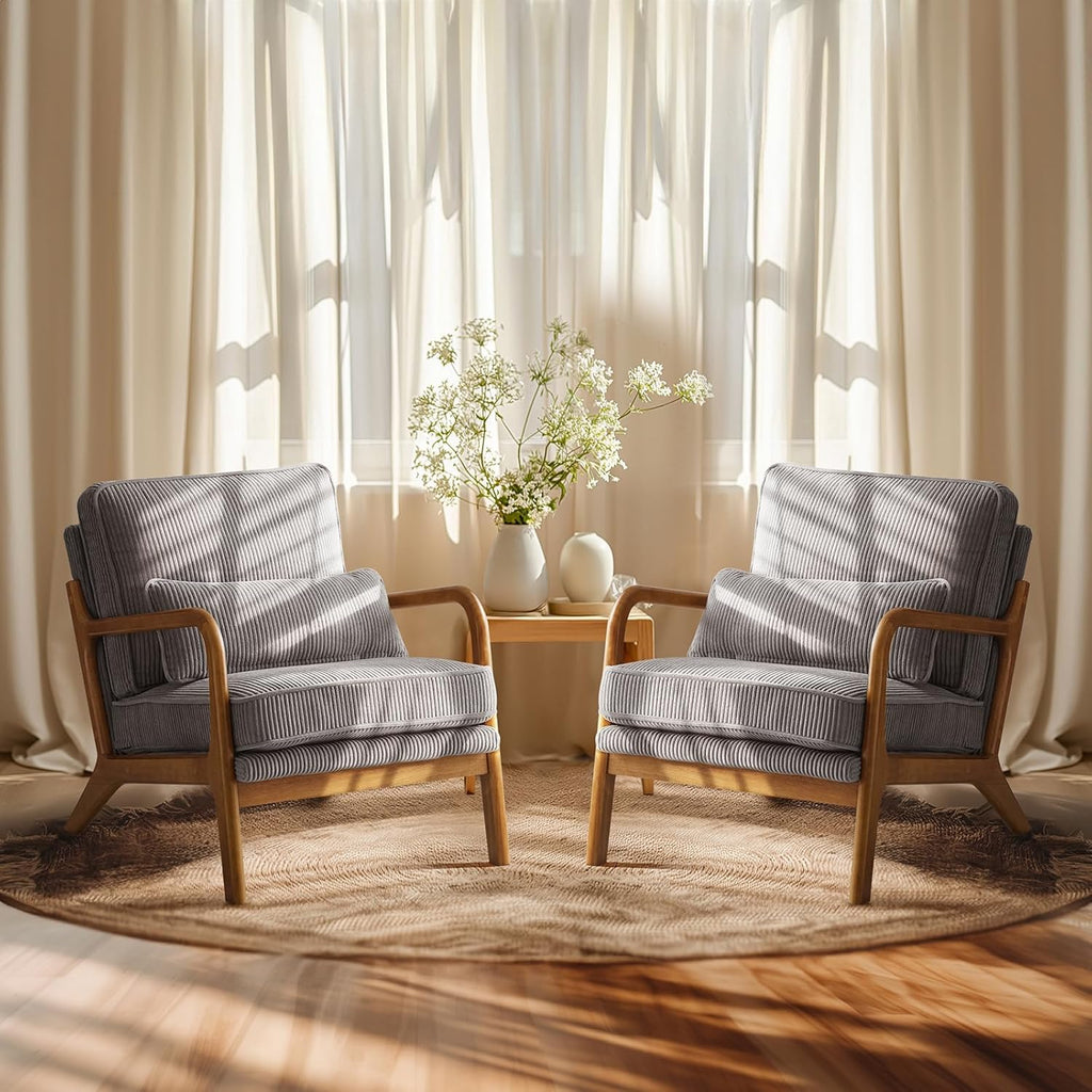 VINGLI Upgraded Premium Corduroy Accent Chairs Set of 2,Upholstered Arm Chair,Solid Wood Comfy Reading Chair with Lumbar Pillow, Mid Century Modern Chairs for Living Room,Bedroom,Brown - Grand Goldman