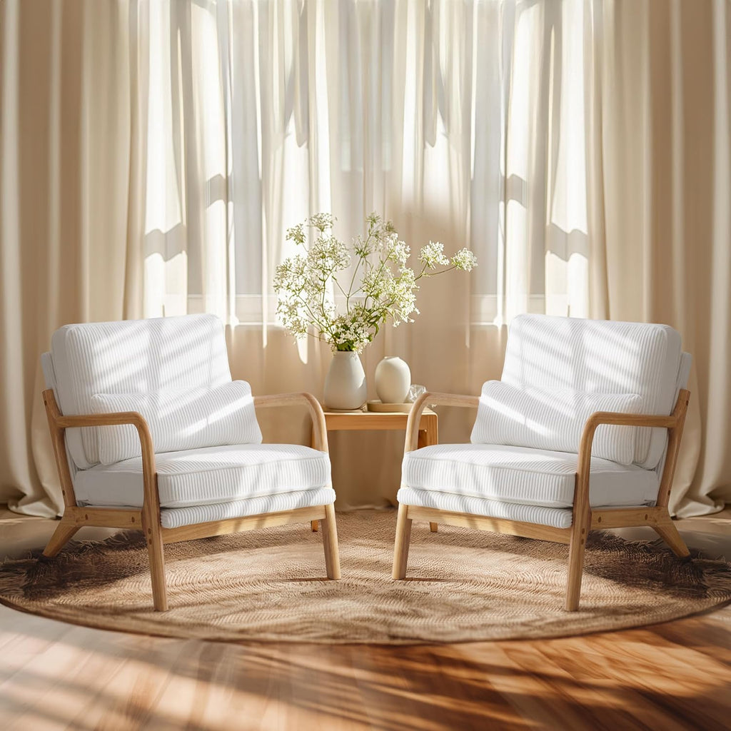 VINGLI Upgraded Premium Corduroy Accent Chairs Set of 2,Upholstered Arm Chair,Solid Wood Comfy Reading Chair with Lumbar Pillow, Mid Century Modern Chairs for Living Room,Bedroom,Brown - Grand Goldman