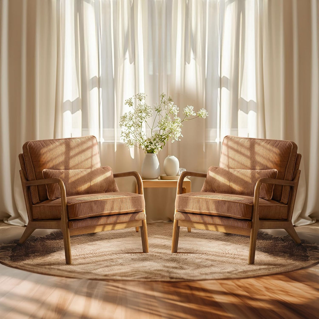 VINGLI Upgraded Premium Corduroy Accent Chairs Set of 2,Upholstered Arm Chair,Solid Wood Comfy Reading Chair with Lumbar Pillow, Mid Century Modern Chairs for Living Room,Bedroom,Brown - Grand Goldman