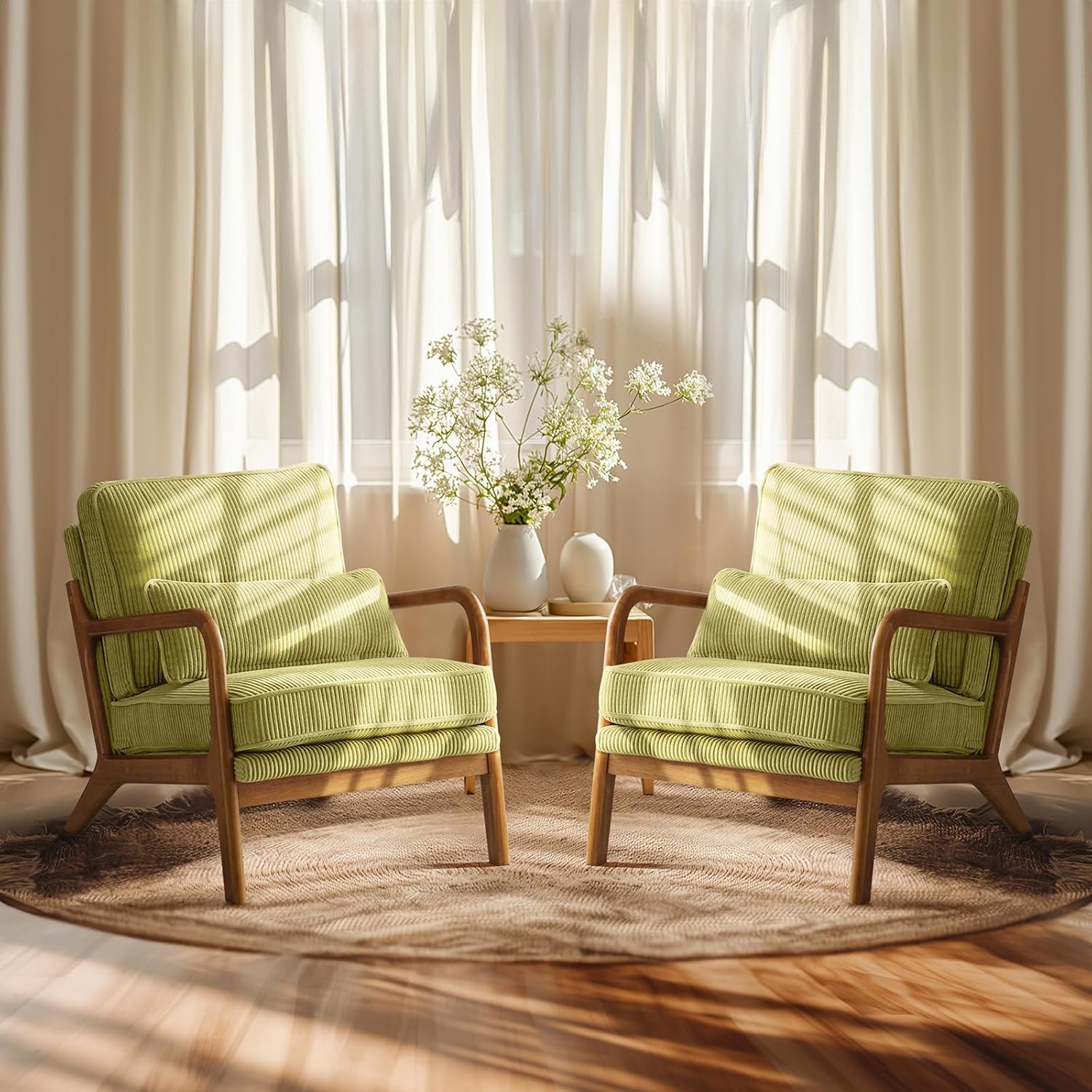 VINGLI Upgraded Premium Corduroy Accent Chairs Set of 2,Upholstered Arm Chair,Solid Wood Comfy Reading Chair with Lumbar Pillow, Mid Century Modern Chairs for Living Room,Bedroom,Brown - Grand Goldman