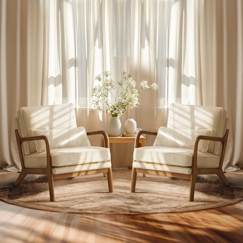 VINGLI Upgraded Premium Corduroy Accent Chairs Set of 2,Upholstered Arm Chair,Solid Wood Comfy Reading Chair with Lumbar Pillow, Mid Century Modern Chairs for Living Room,Bedroom,Brown - Grand Goldman
