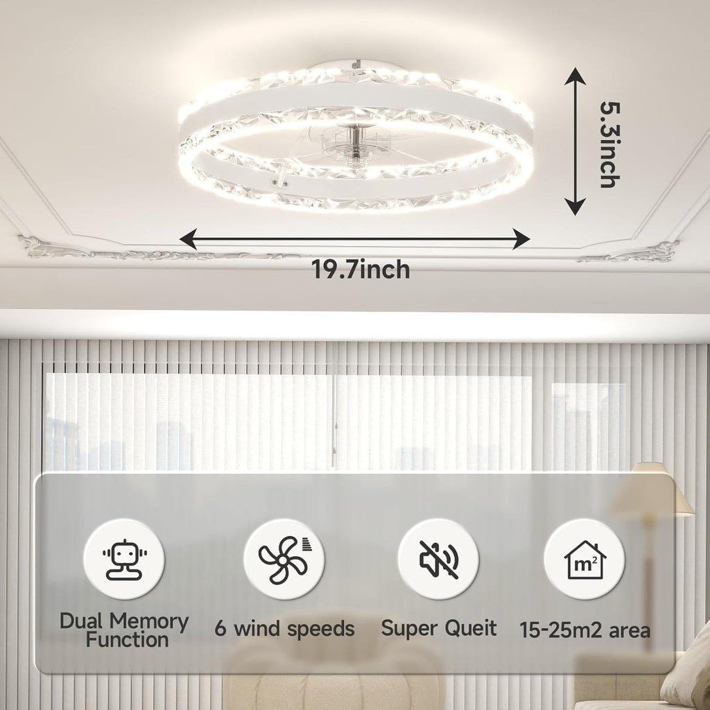 VOLISUN Low Profile Ceiling Fans with Light and Remote, 19.7in Fandelier Ceiling Fan with Light, 3000K-6500K Dimmable Flush Mount LED Ceiling Fan Light, White Modern Ceiling Fan Light for Bedroom - Grand Goldman