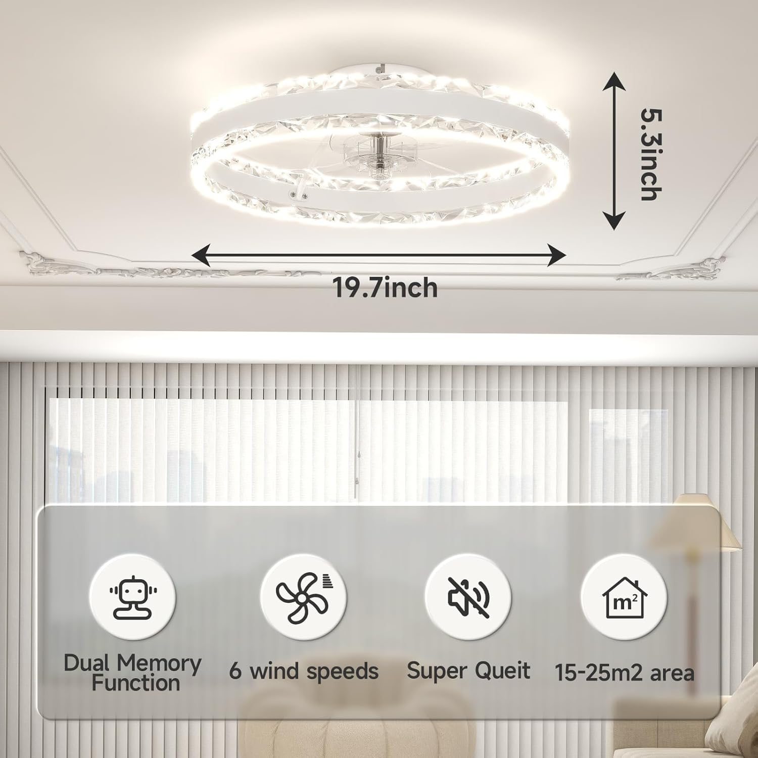 VOLISUN Low Profile Ceiling Fans with Light and Remote, 19.7in Fandelier Ceiling Fan with Light, 3000K-6500K Dimmable Flush Mount LED Ceiling Fan Light, White Modern Ceiling Fan Light for Bedroom - Grand Goldman