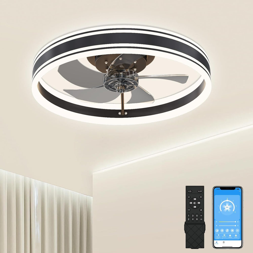 VOLISUN Low Profile Ceiling Fans with Light and Remote, 19.7in Fandelier Ceiling Fan with Light, 3000K-6500K Dimmable Flush Mount LED Ceiling Fan Light, White Modern Ceiling Fan Light for Bedroom - Grand Goldman