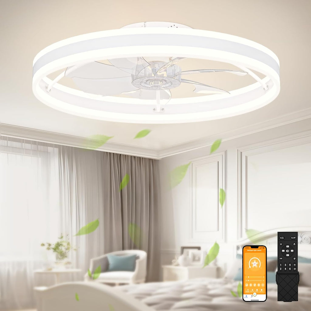 VOLISUN Low Profile Ceiling Fans with Lights and Remote, 19.7in Flush Mount Ceiling Fans with Light, 3000K-6500K Dimmable Fandelier LED Fan Light, White Bladeless Ceiling Fans with Lights for Bedroom - Grand Goldman