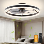 VOLISUN Low Profile Ceiling Fans with Lights and Remote, 19.7in Flush Mount Ceiling Fans with Light, 3000K-6500K Dimmable Fandelier LED Fan Light, White Bladeless Ceiling Fans with Lights for Bedroom - Grand Goldman