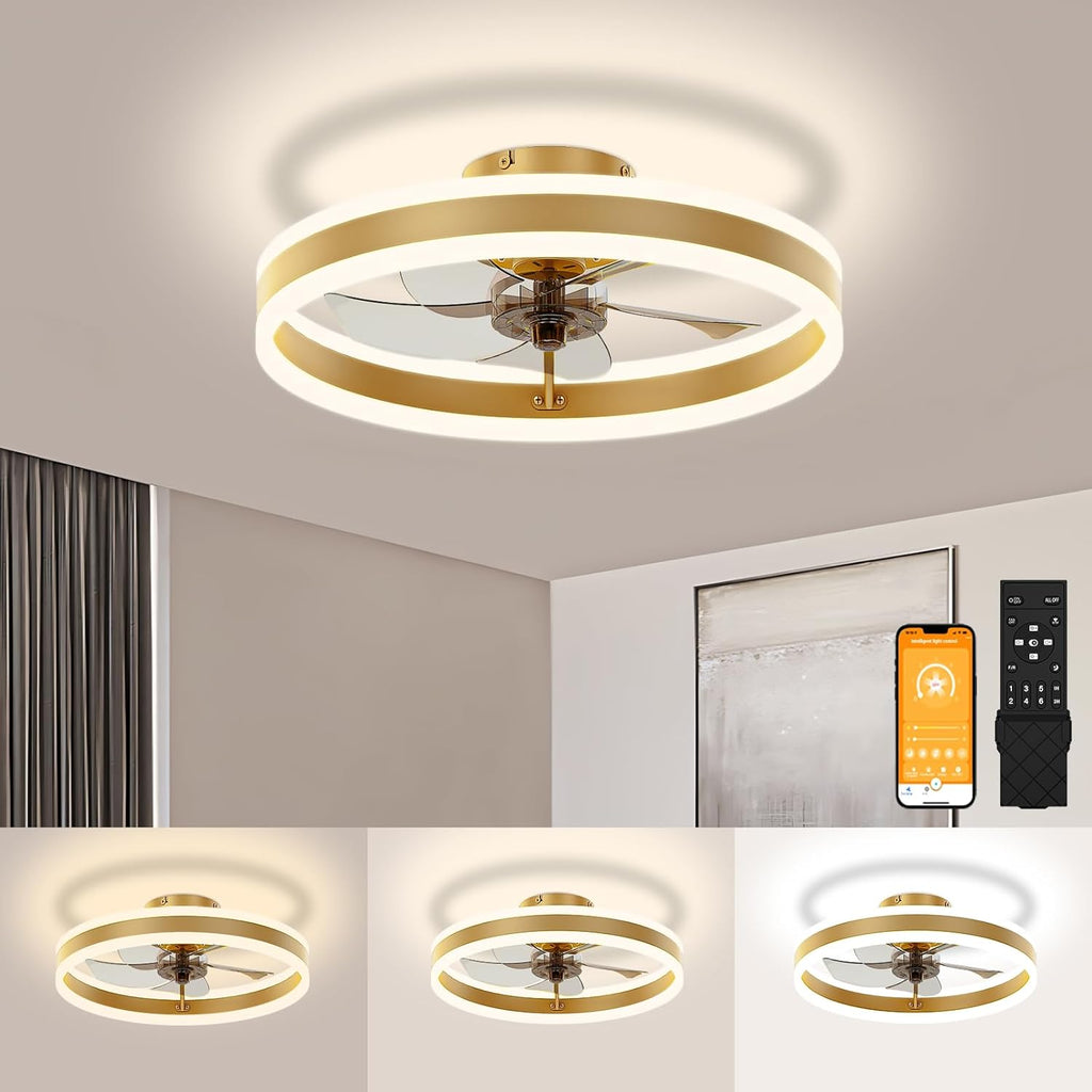 VOLISUN Low Profile Ceiling Fans with Lights and Remote, 19.7in Flush Mount Ceiling Fans with Light, 3000K-6500K Dimmable Fandelier LED Fan Light, White Bladeless Ceiling Fans with Lights for Bedroom - Grand Goldman