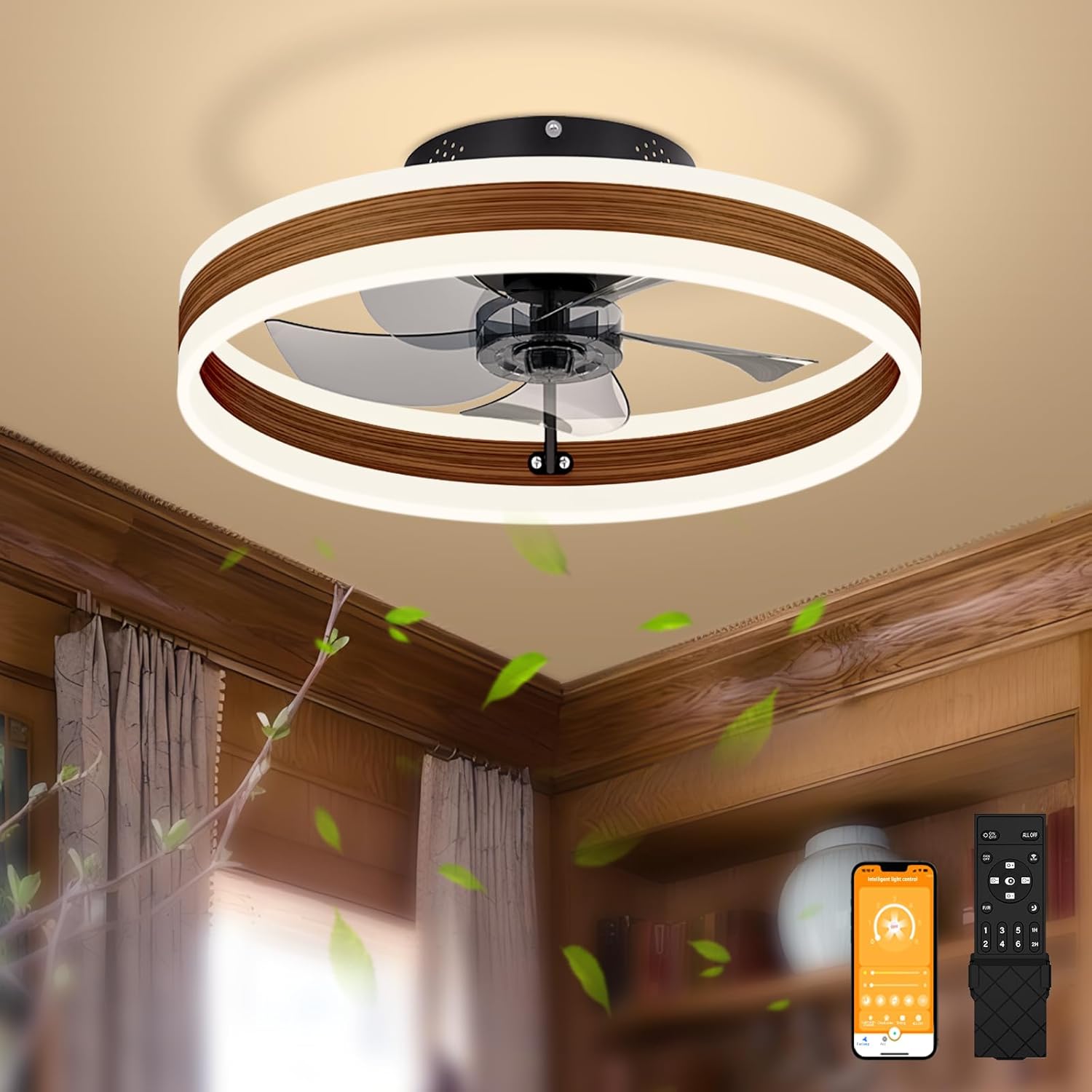 VOLISUN Low Profile Ceiling Fans with Lights and Remote, 19.7in Flush Mount Ceiling Fans with Light, 3000K-6500K Dimmable Fandelier LED Fan Light, White Bladeless Ceiling Fans with Lights for Bedroom - Grand Goldman