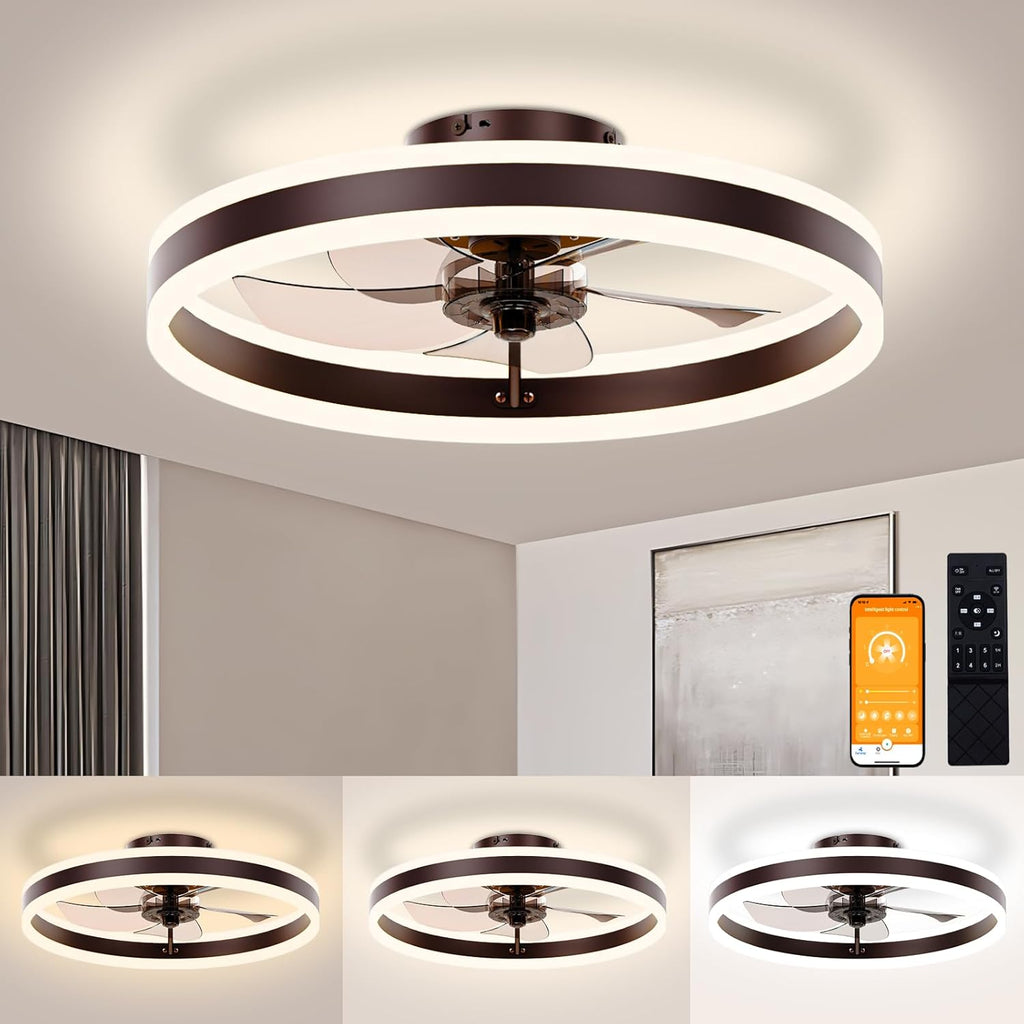 VOLISUN Low Profile Ceiling Fans with Lights and Remote, 19.7in Flush Mount Ceiling Fans with Light, 3000K-6500K Dimmable Fandelier LED Fan Light, White Bladeless Ceiling Fans with Lights for Bedroom - Grand Goldman