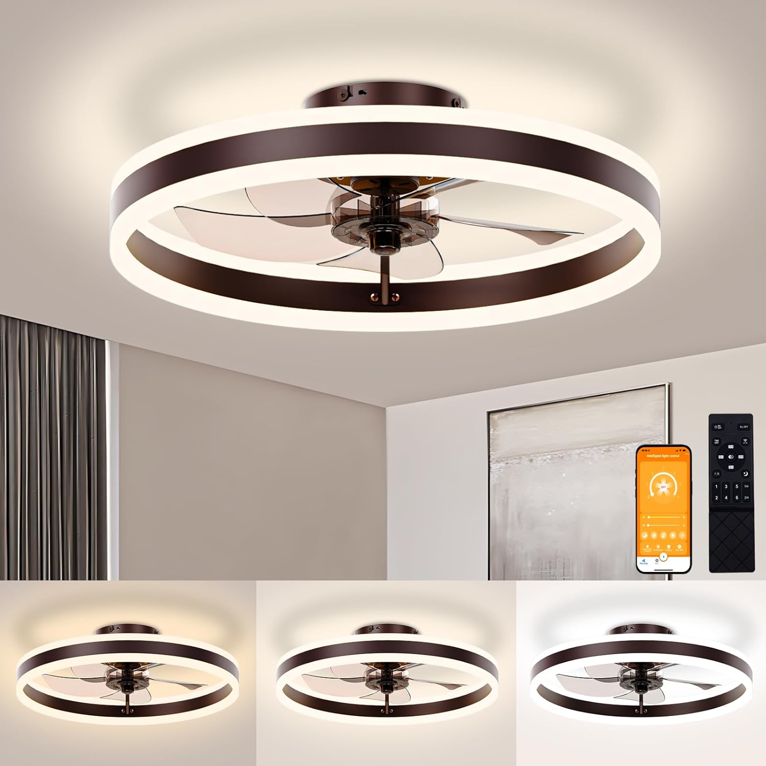 VOLISUN Low Profile Ceiling Fans with Lights and Remote, 19.7in Flush Mount Ceiling Fans with Light, 3000K-6500K Dimmable Fandelier LED Fan Light, White Bladeless Ceiling Fans with Lights for Bedroom - Grand Goldman