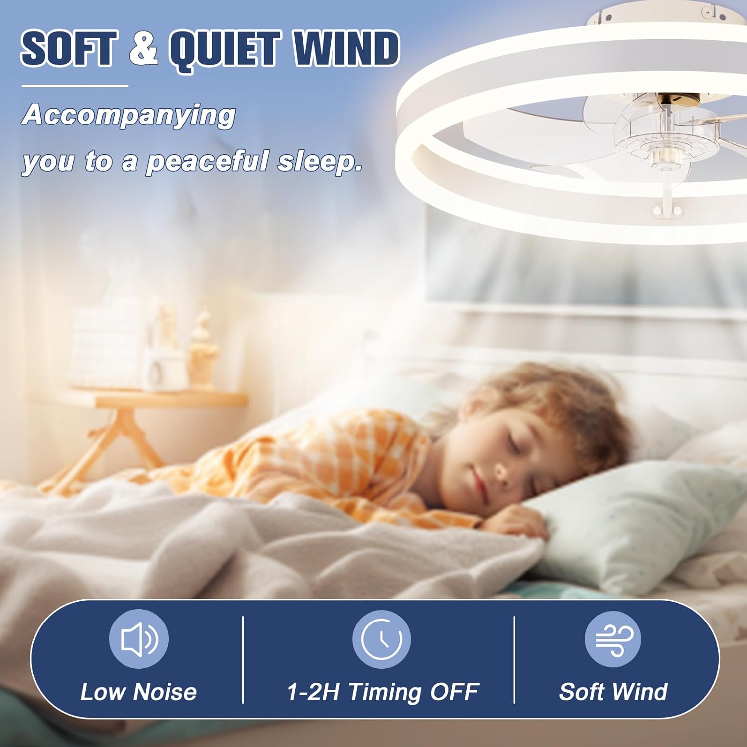 VOLISUN Low Profile Ceiling Fans with Lights and Remote, 19.7in Flush Mount Ceiling Fans with Light, 3000K-6500K Dimmable Fandelier LED Fan Light, White Bladeless Ceiling Fans with Lights for Bedroom - Grand Goldman