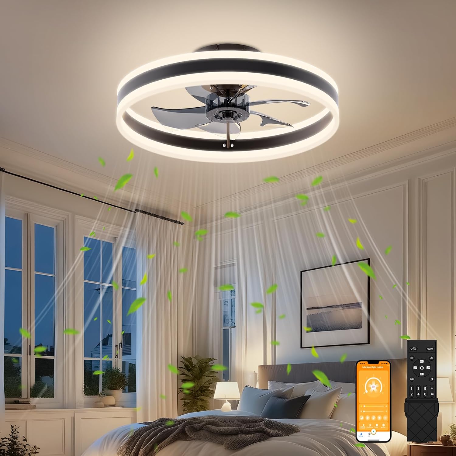 VOLISUN Low Profile Ceiling Fans with Lights and Remote, 19.7in Flush Mount Ceiling Fans with Light, 3000K-6500K Dimmable Fandelier LED Fan Light, White Bladeless Ceiling Fans with Lights for Bedroom - Grand Goldman
