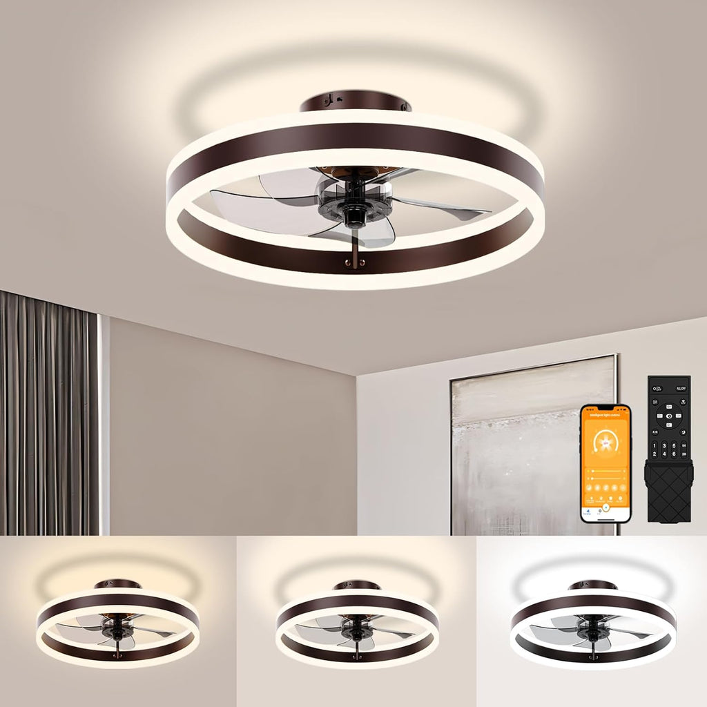 VOLISUN Low Profile Ceiling Fans with Lights and Remote, 19.7in Flush Mount Ceiling Fans with Light, 3000K-6500K Dimmable Fandelier LED Fan Light, White Bladeless Ceiling Fans with Lights for Bedroom - Grand Goldman