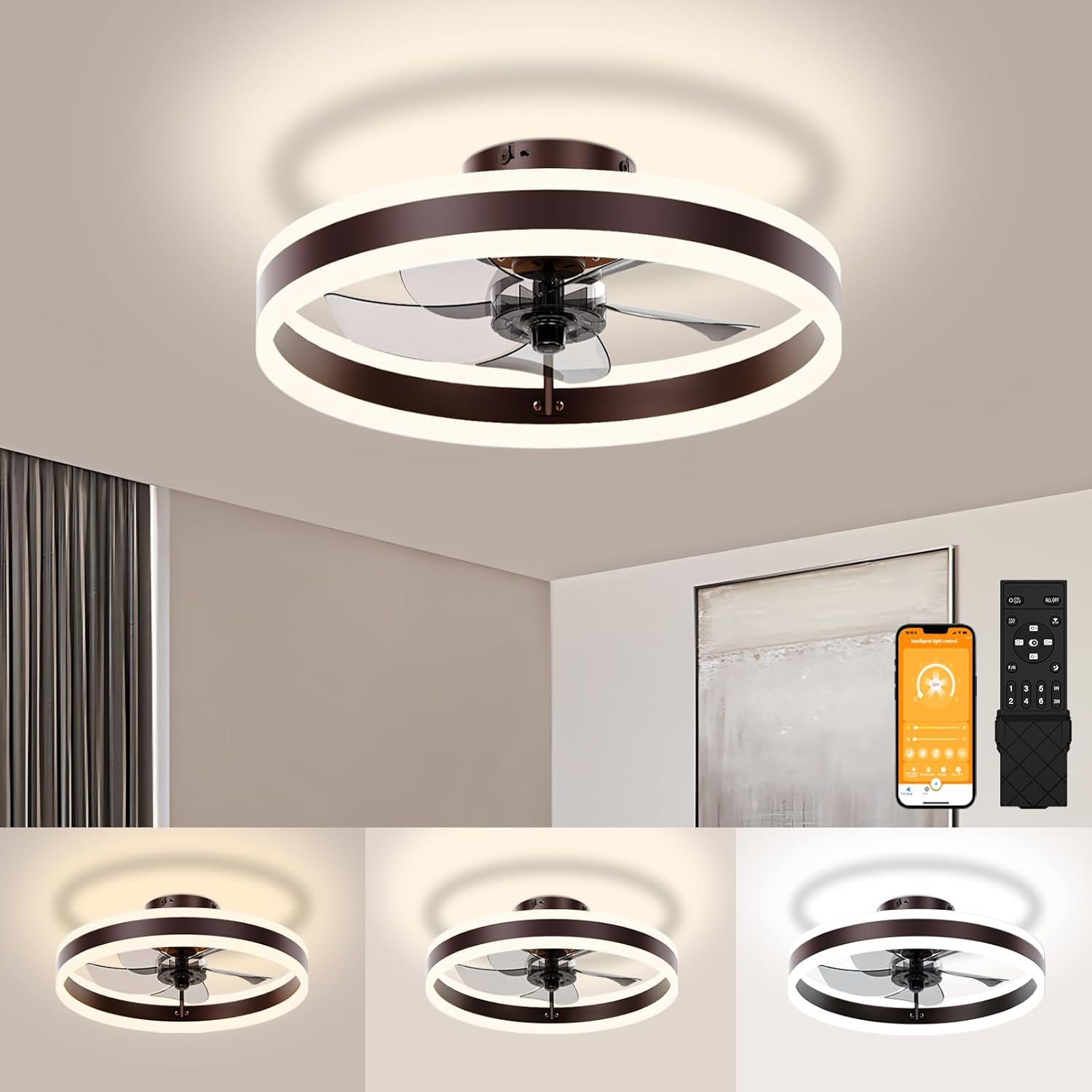 VOLISUN Low Profile Ceiling Fans with Lights and Remote, 19.7in Flush Mount Ceiling Fans with Light, 3000K-6500K Dimmable Fandelier LED Fan Light, White Bladeless Ceiling Fans with Lights for Bedroom - Grand Goldman