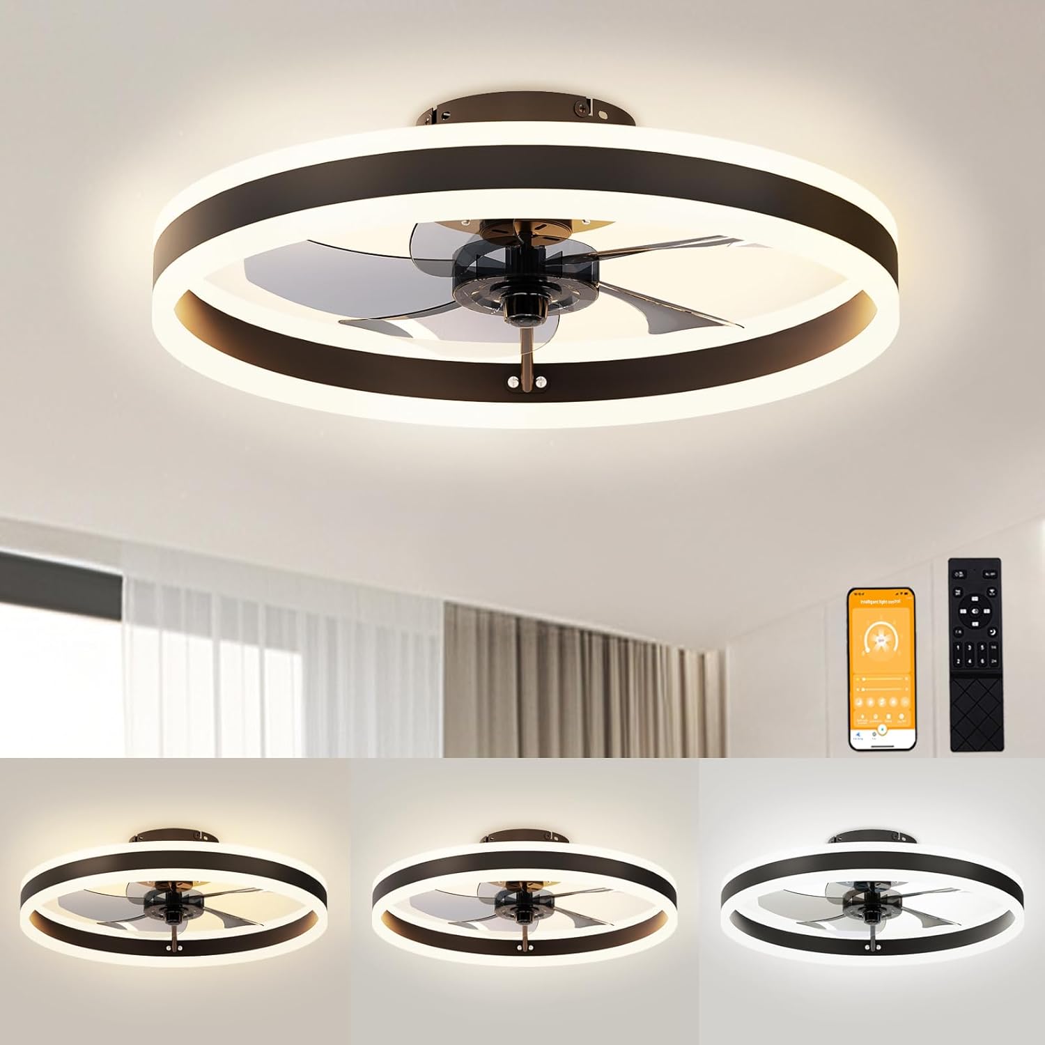 VOLISUN Low Profile Ceiling Fans with Lights and Remote, 19.7in Flush Mount Ceiling Fans with Light, 3000K-6500K Dimmable Fandelier LED Fan Light, White Bladeless Ceiling Fans with Lights for Bedroom - Grand Goldman
