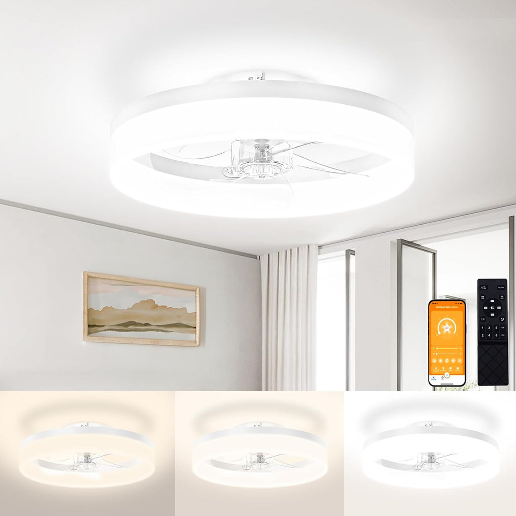 VOLISUN Low Profile Ceiling Fans with Lights and Remote, Fandelier Ceiling Fan Flush Mount, 3000K-6500K Smart Bladeless LED Fan Light, Black Modern Ceiling Fans with Lights for Bedroom - Grand Goldman