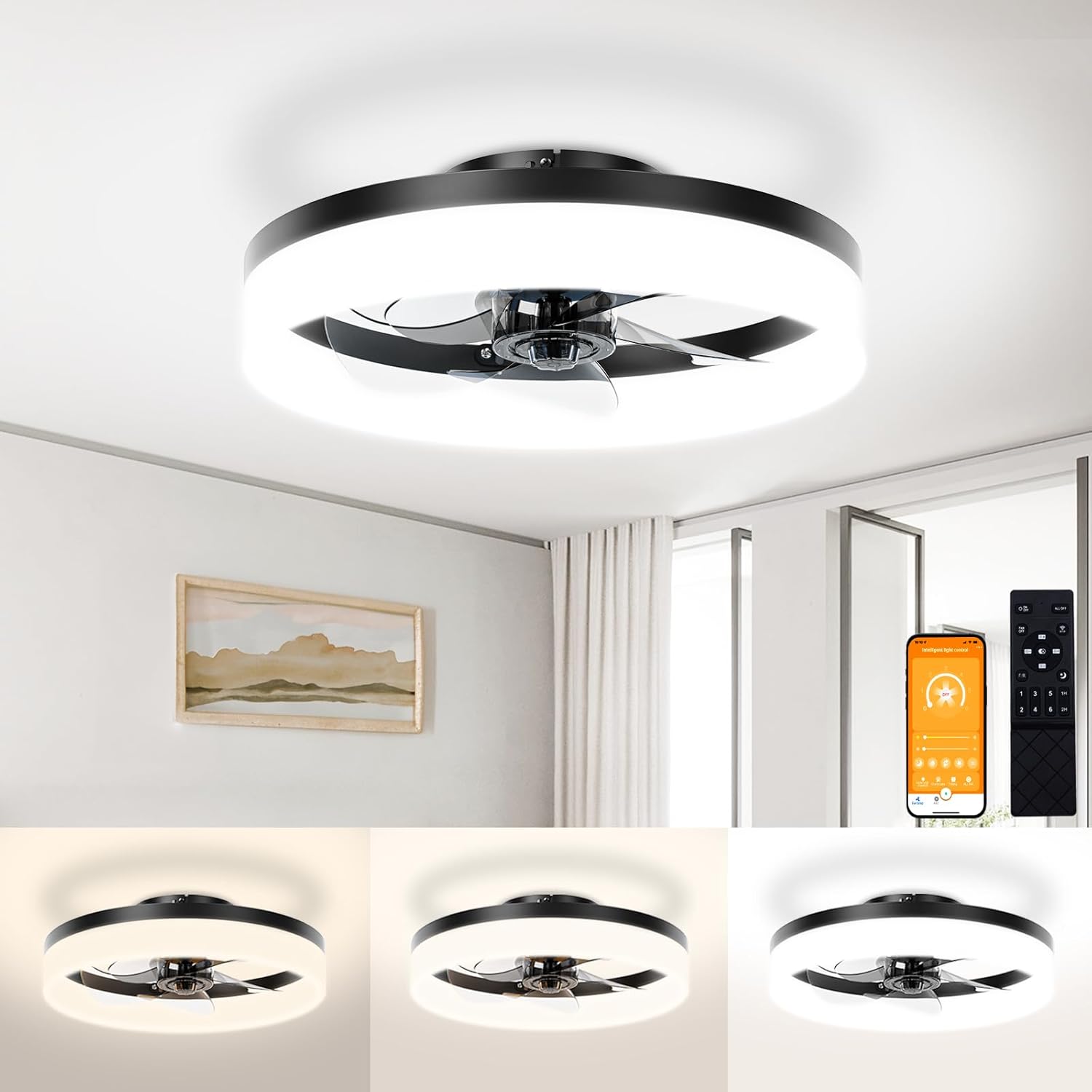 VOLISUN Low Profile Ceiling Fans with Lights and Remote, Fandelier Ceiling Fan Flush Mount, 3000K-6500K Smart Bladeless LED Fan Light, Black Modern Ceiling Fans with Lights for Bedroom - Grand Goldman