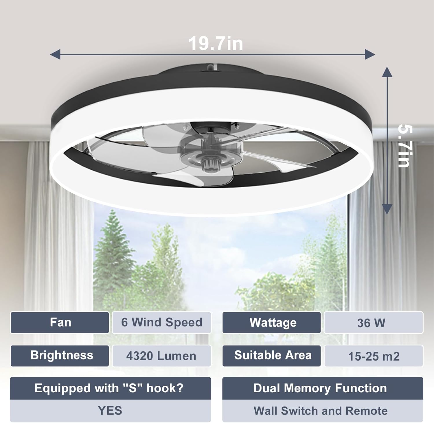 VOLISUN Low Profile Ceiling Fans with Lights and Remote, Fandelier Ceiling Fan Flush Mount, 3000K-6500K Smart Bladeless LED Fan Light, Black Modern Ceiling Fans with Lights for Bedroom - Grand Goldman