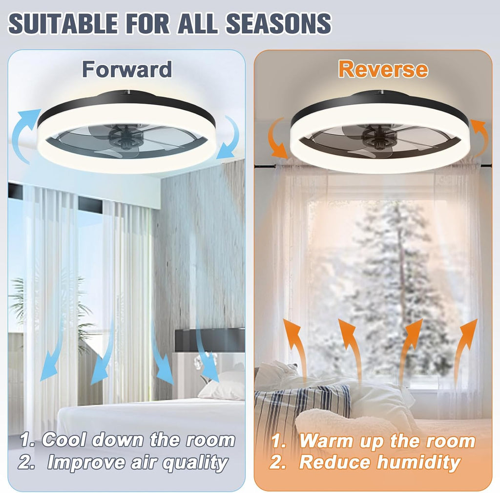 VOLISUN Low Profile Ceiling Fans with Lights and Remote, Fandelier Ceiling Fan Flush Mount, 3000K-6500K Smart Bladeless LED Fan Light, Black Modern Ceiling Fans with Lights for Bedroom - Grand Goldman
