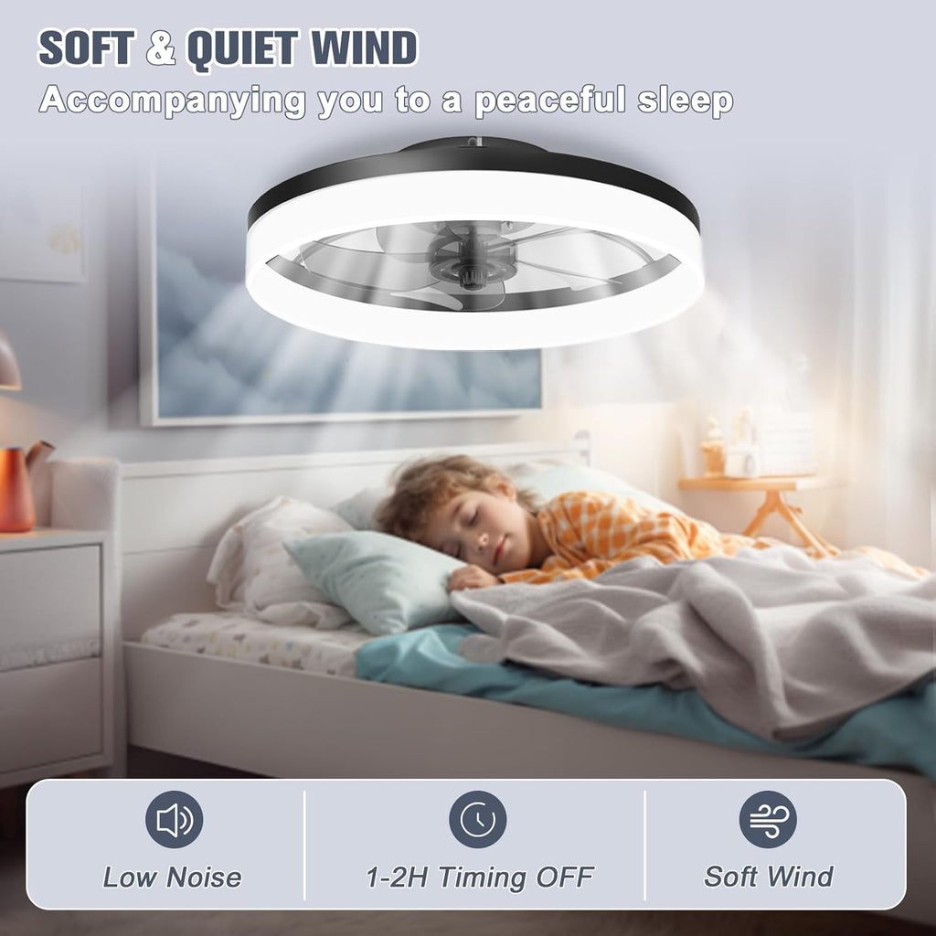 VOLISUN Low Profile Ceiling Fans with Lights and Remote, Fandelier Ceiling Fan Flush Mount, 3000K-6500K Smart Bladeless LED Fan Light, Black Modern Ceiling Fans with Lights for Bedroom - Grand Goldman