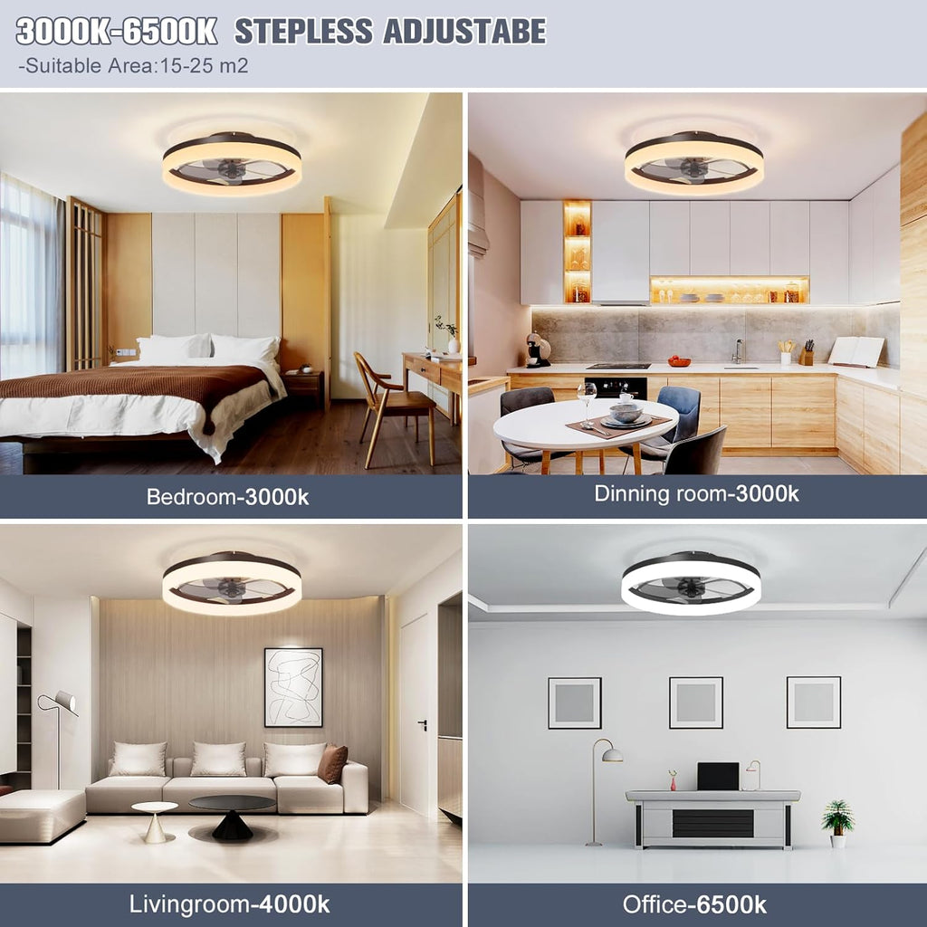 VOLISUN Low Profile Ceiling Fans with Lights and Remote, Fandelier Ceiling Fan Flush Mount, 3000K-6500K Smart Bladeless LED Fan Light, Black Modern Ceiling Fans with Lights for Bedroom - Grand Goldman