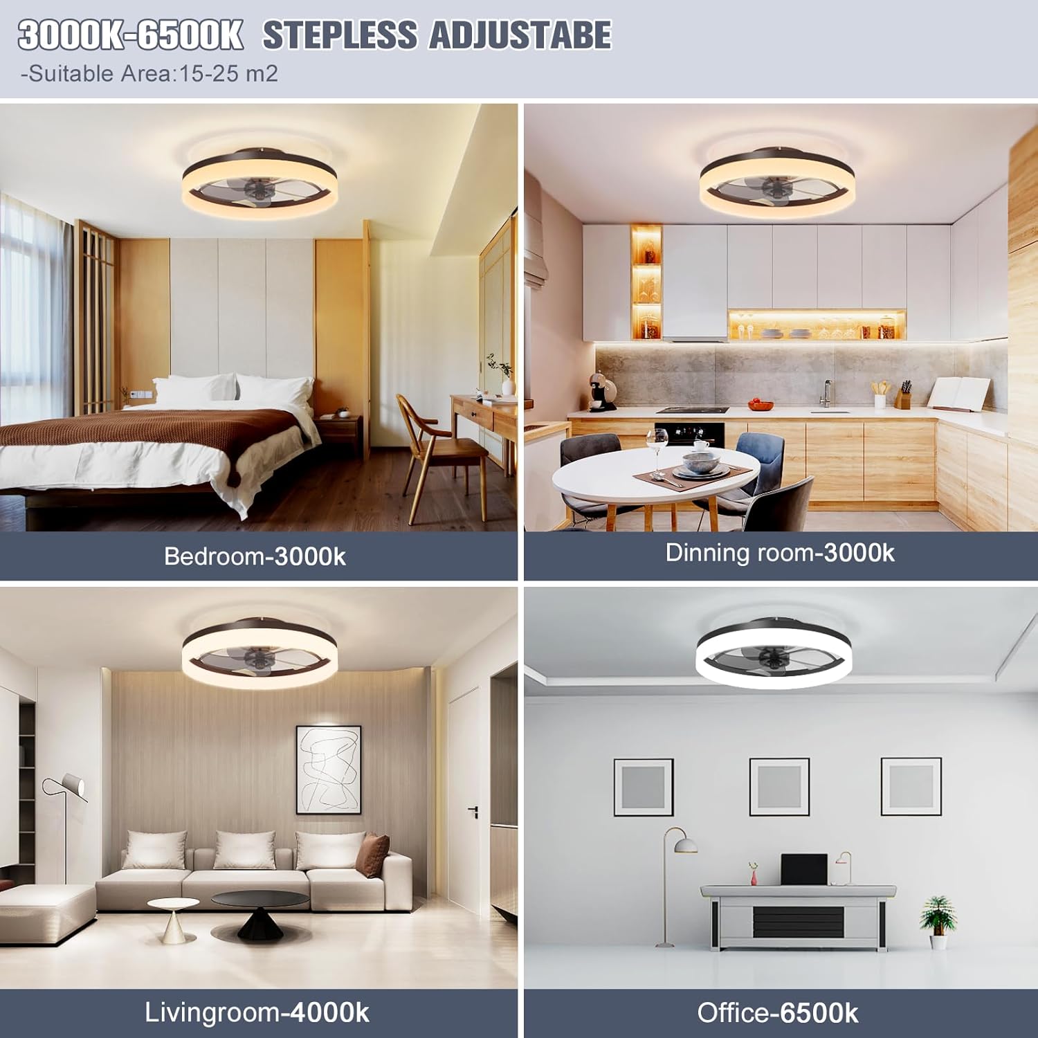 VOLISUN Low Profile Ceiling Fans with Lights and Remote, Fandelier Ceiling Fan Flush Mount, 3000K-6500K Smart Bladeless LED Fan Light, Black Modern Ceiling Fans with Lights for Bedroom - Grand Goldman