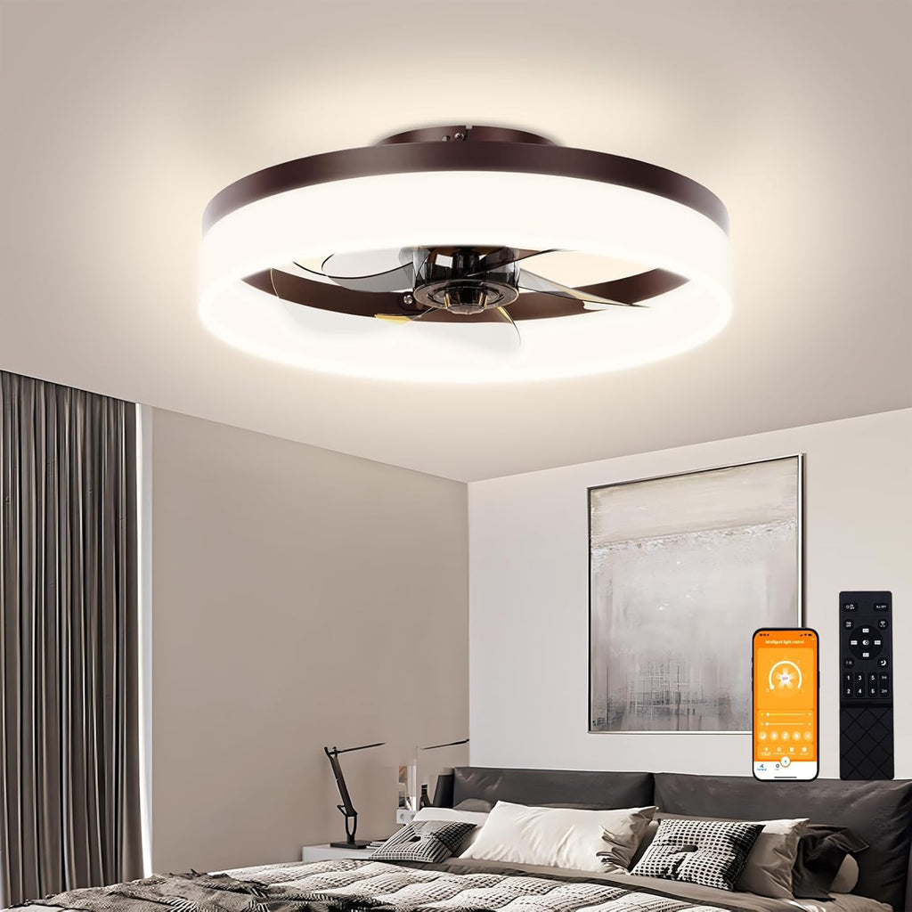 VOLISUN Low Profile Ceiling Fans with Lights and Remote, Fandelier Ceiling Fan Flush Mount, 3000K-6500K Smart Bladeless LED Fan Light, Black Modern Ceiling Fans with Lights for Bedroom - Grand Goldman