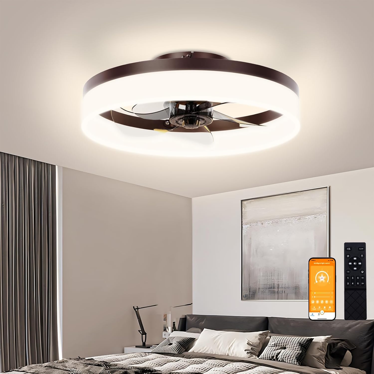 VOLISUN Low Profile Ceiling Fans with Lights and Remote, Fandelier Ceiling Fan Flush Mount, 3000K-6500K Smart Bladeless LED Fan Light, Black Modern Ceiling Fans with Lights for Bedroom - Grand Goldman