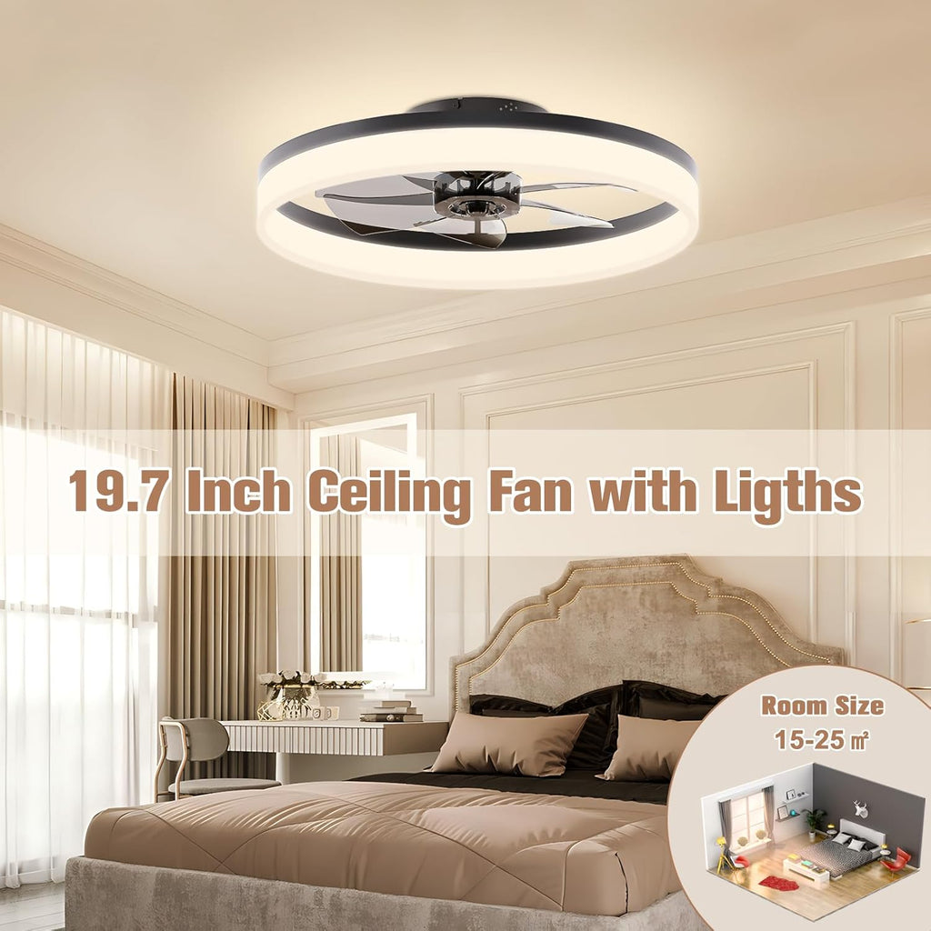 VOLISUN Low Profile Ceiling Fans with Lights and Remote, Fandelier Ceiling Fan Flush Mount, 3000K-6500K Smart Bladeless LED Fan Light, Black Modern Ceiling Fans with Lights for Bedroom - Grand Goldman