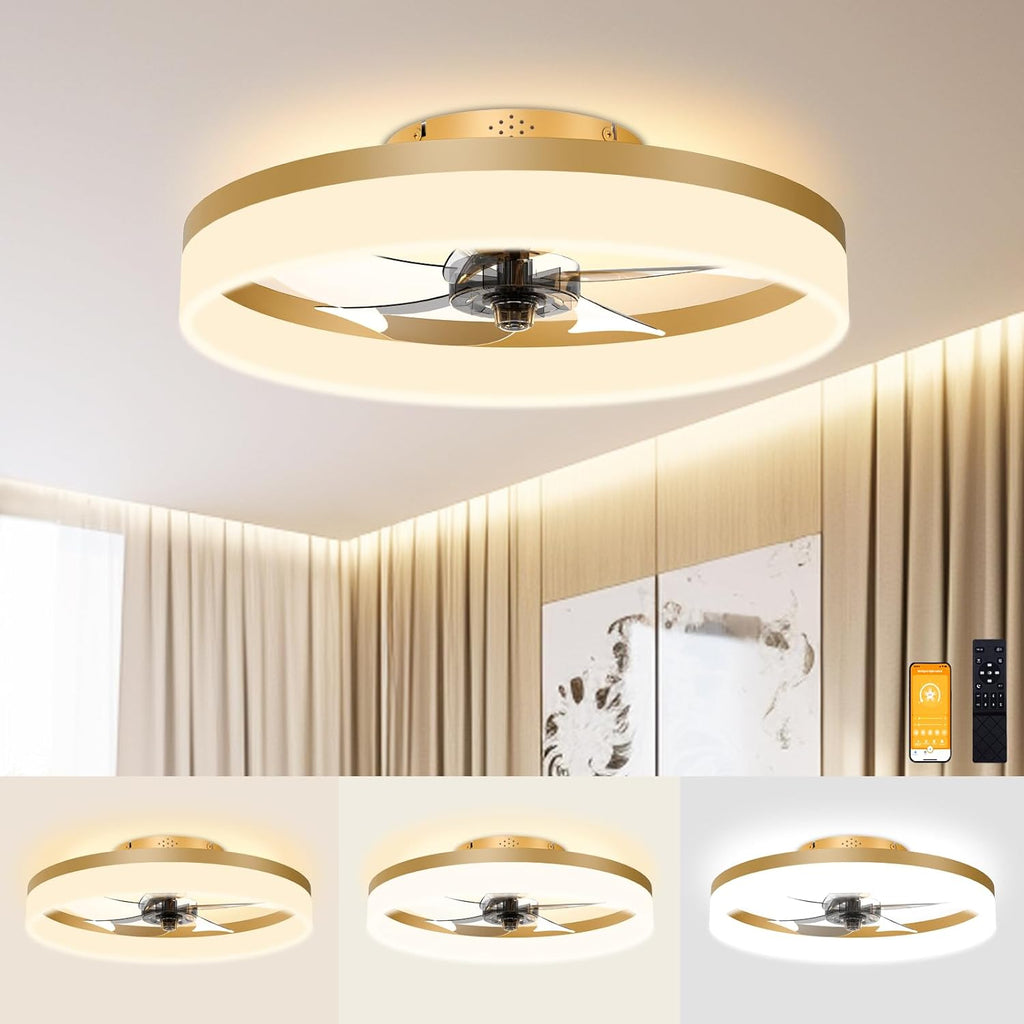 VOLISUN Low Profile Ceiling Fans with Lights and Remote, Fandelier Ceiling Fan Flush Mount, 3000K-6500K Smart Bladeless LED Fan Light, Black Modern Ceiling Fans with Lights for Bedroom - Grand Goldman