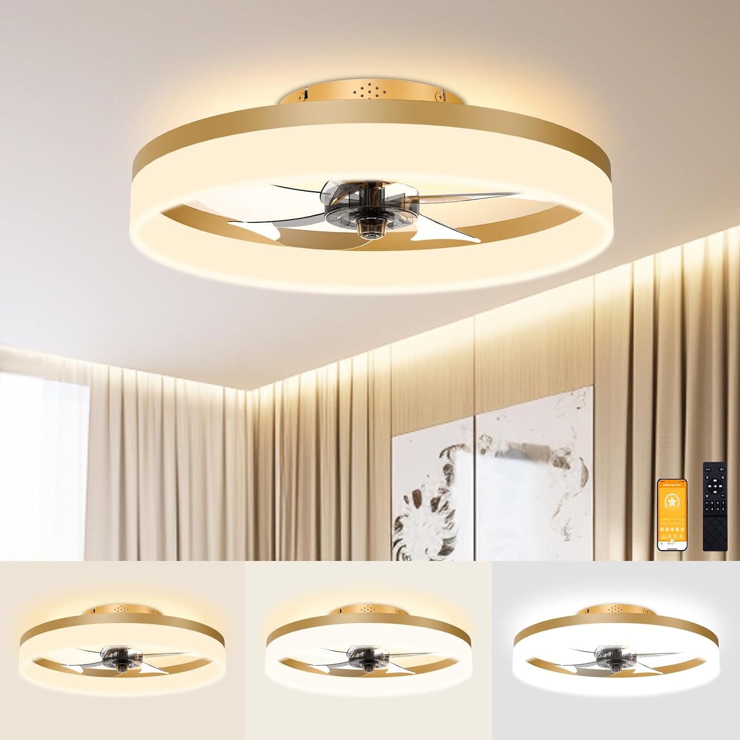 VOLISUN Low Profile Ceiling Fans with Lights and Remote, Fandelier Ceiling Fan Flush Mount, 3000K-6500K Smart Bladeless LED Fan Light, Black Modern Ceiling Fans with Lights for Bedroom - Grand Goldman