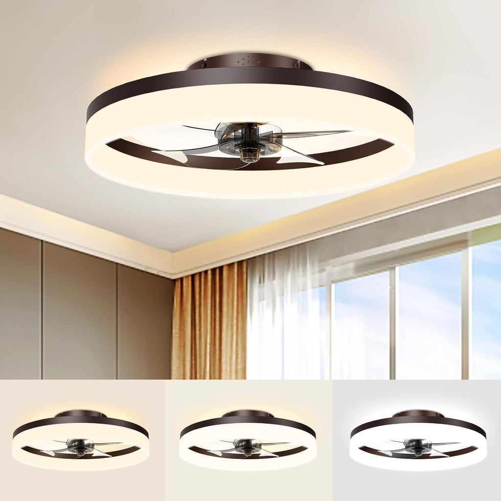 VOLISUN Low Profile Ceiling Fans with Lights and Remote, Fandelier Ceiling Fan Flush Mount, 3000K-6500K Smart Bladeless LED Fan Light, Black Modern Ceiling Fans with Lights for Bedroom - Grand Goldman
