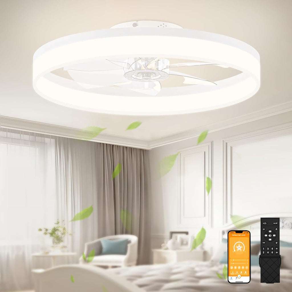 VOLISUN Low Profile Ceiling Fans with Lights and Remote, Fandelier Ceiling Fan Flush Mount, 3000K-6500K Smart Bladeless LED Fan Light, Black Modern Ceiling Fans with Lights for Bedroom - Grand Goldman