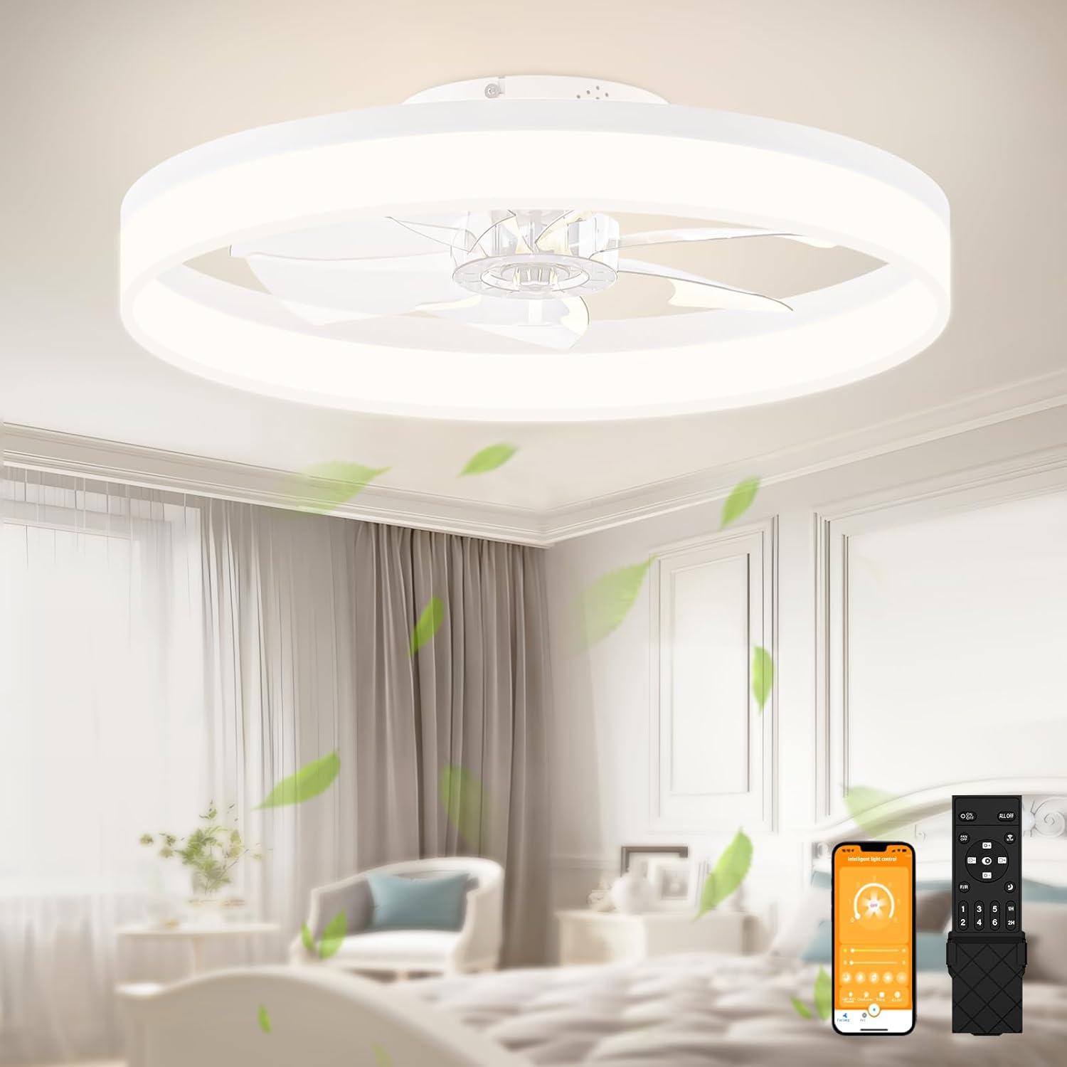 VOLISUN Low Profile Ceiling Fans with Lights and Remote, Fandelier Ceiling Fan Flush Mount, 3000K-6500K Smart Bladeless LED Fan Light, Black Modern Ceiling Fans with Lights for Bedroom - Grand Goldman