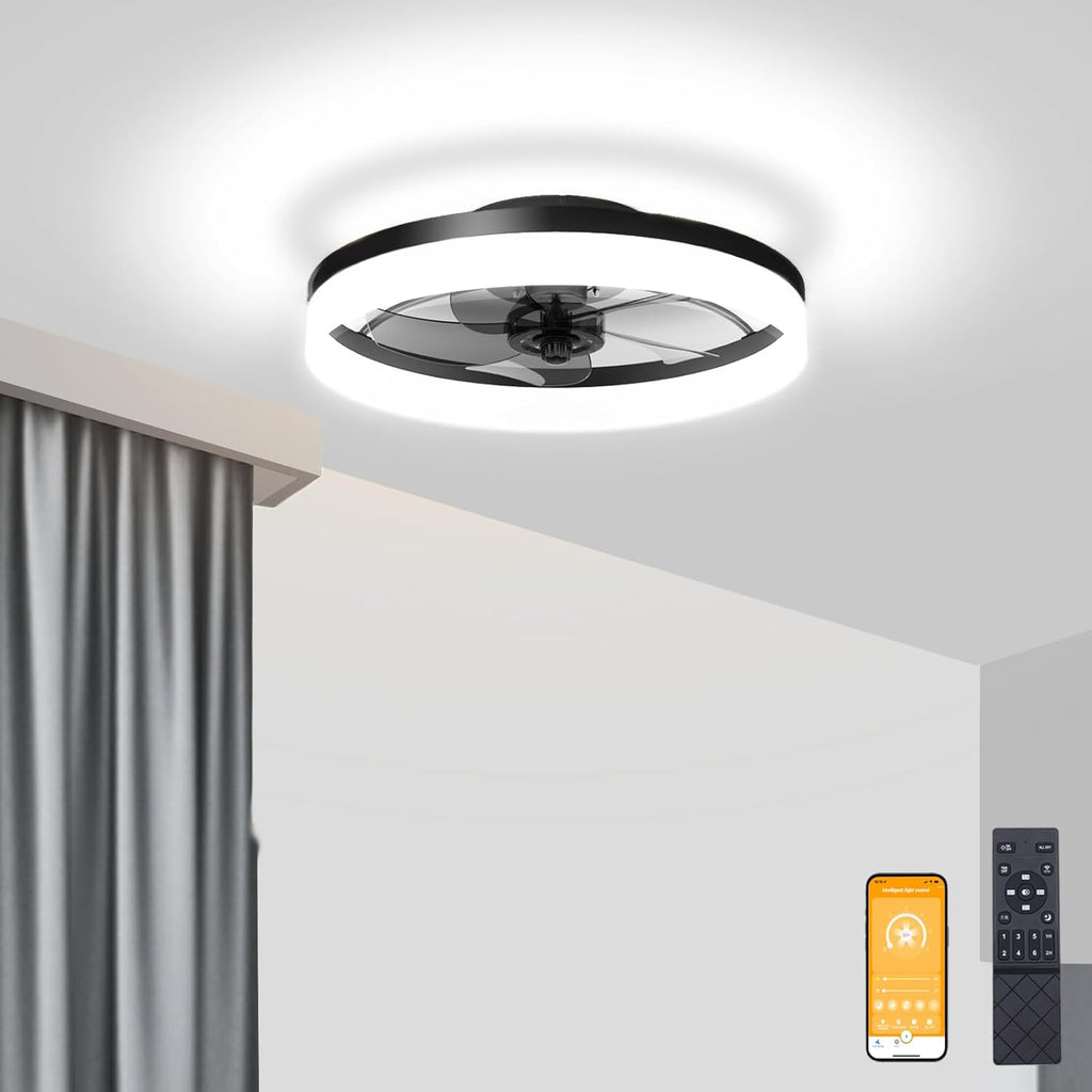 VOLISUN Low Profile Ceiling Fans with Lights and Remote, Fandelier Ceiling Fan Flush Mount, 3000K-6500K Smart Bladeless LED Fan Light, Black Modern Ceiling Fans with Lights for Bedroom - Grand Goldman