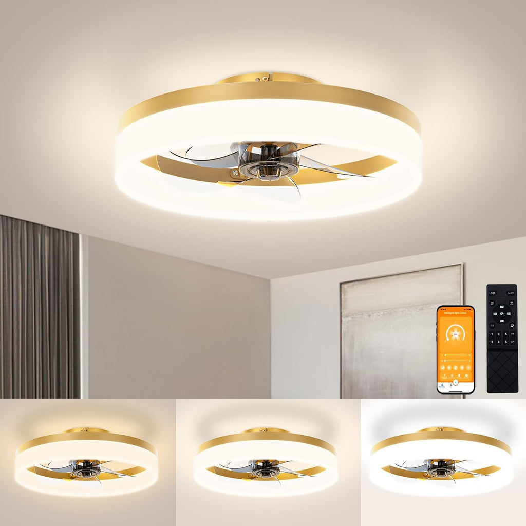 VOLISUN Low Profile Ceiling Fans with Lights and Remote, Fandelier Ceiling Fan Flush Mount, 3000K-6500K Smart Bladeless LED Fan Light, Black Modern Ceiling Fans with Lights for Bedroom - Grand Goldman