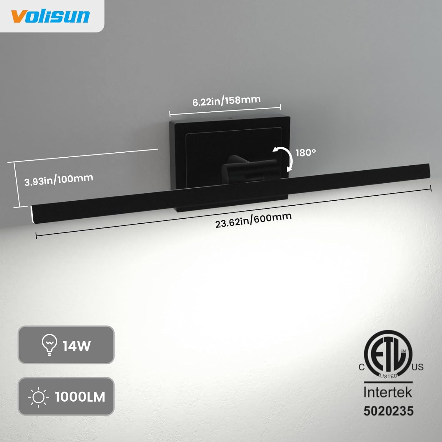 VOLISUN Modern Bathroom Vanity Light 24 inch, Rotatable, 14W Dimmable 5CCT Led Bathroom Light Fixture Over Mirror, Black Bar Vanity Light for Bathroom Mirror Restroom-ETL Certificated - Grand Goldman