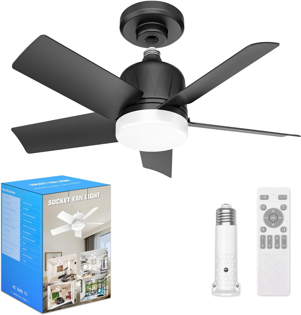 VOLISUN Socket Fan Light with Remote, Socket Ceiling Fan with Dimmable Led Light Bulb, 3CCT, 1500 Lumen Light Socket Fan, Screw in Small Ceiling Fan for Bedroom, Kitchen, Living Room, Garage(Black) - Grand Goldman