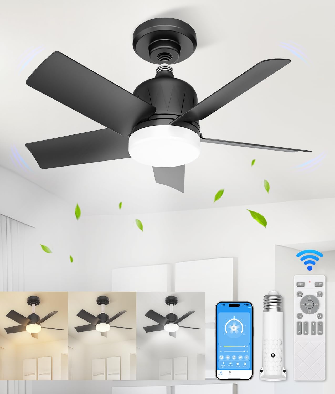 VOLISUN Socket Fan Light with Remote, Socket Ceiling Fan with Dimmable Led Light Bulb, 3CCT, 1500 Lumen Light Socket Fan, Screw in Small Ceiling Fan for Bedroom, Kitchen, Living Room, Garage(Black) - Grand Goldman