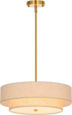 VONLUCE 4-Light Drum Chandeliers, 18" Pendant Light Fixture with 2-Layer Fabric Shade E26 Bases, Adjustable Swivel Joint Hanging Light Fixture for Bedroom Living Room Kitchen Hallway, Antique Brass - Grand Goldman