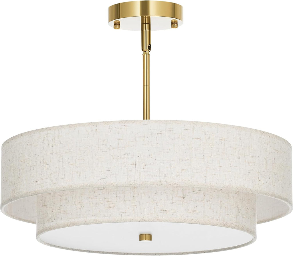 VONLUCE 4-Light Drum Chandeliers, 18" Pendant Light Fixture with 2-Layer Fabric Shade E26 Bases, Adjustable Swivel Joint Hanging Light Fixture for Bedroom Living Room Kitchen Hallway, Antique Brass - Grand Goldman