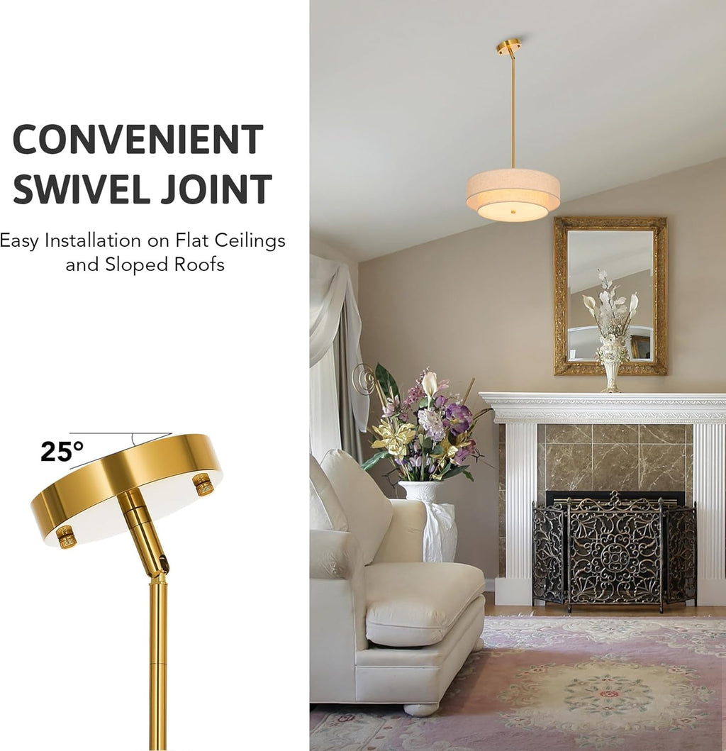 VONLUCE 4-Light Drum Chandeliers, 18" Pendant Light Fixture with 2-Layer Fabric Shade E26 Bases, Adjustable Swivel Joint Hanging Light Fixture for Bedroom Living Room Kitchen Hallway, Antique Brass - Grand Goldman