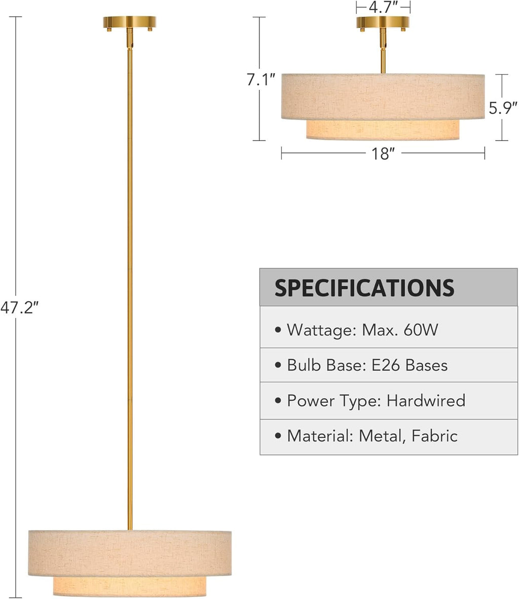 VONLUCE 4-Light Drum Chandeliers, 18" Pendant Light Fixture with 2-Layer Fabric Shade E26 Bases, Adjustable Swivel Joint Hanging Light Fixture for Bedroom Living Room Kitchen Hallway, Antique Brass - Grand Goldman