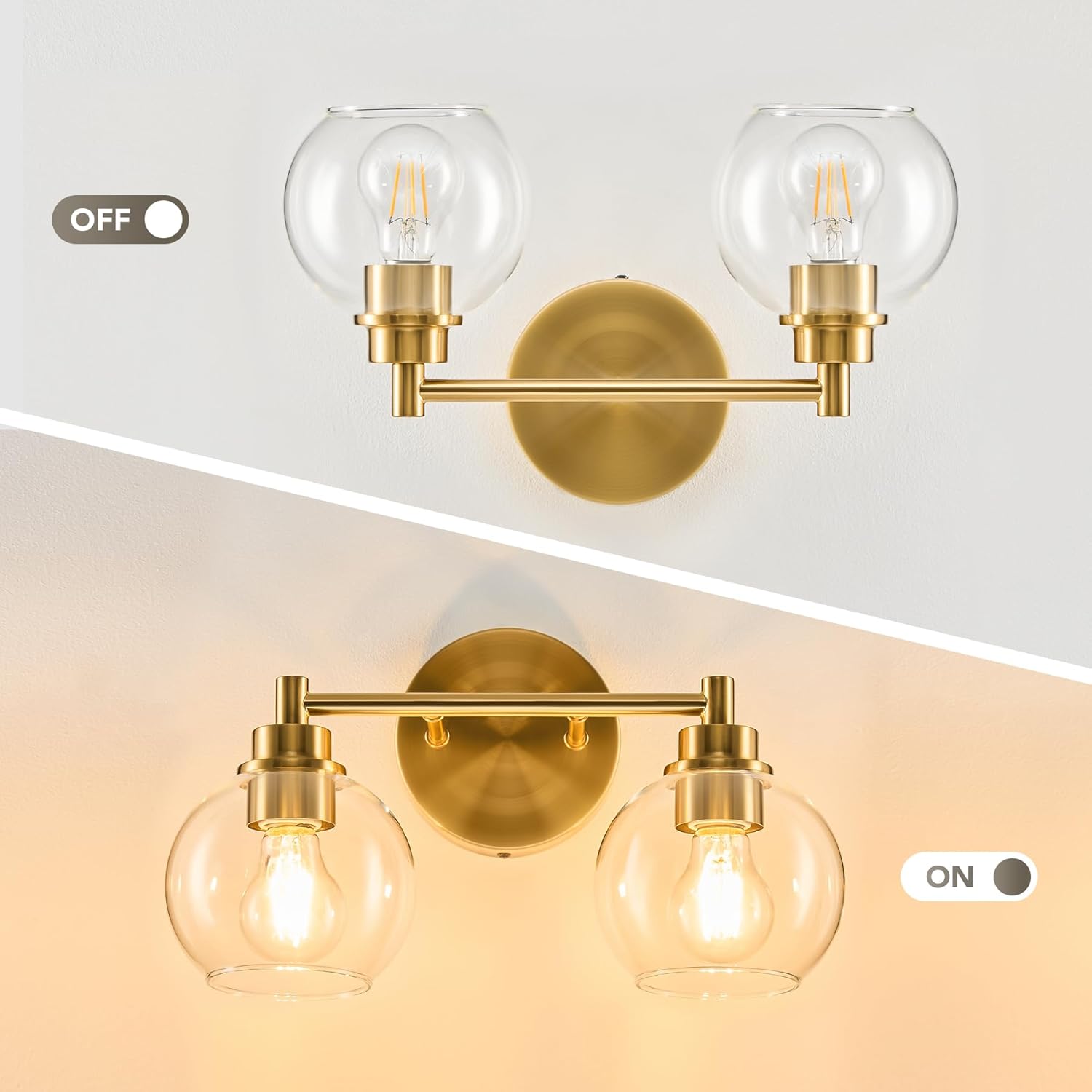 VONLUCE Bathroom Light Fixtures, 2-Light Bathroom Vanity Light with Globe Glass Shades E26 Sockets, Bathroom Lights Over Mirror for Bedroom Hallway Living Room, Gold Finish - Grand Goldman